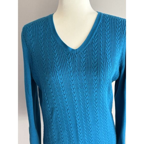 Talbots Cable Knit Sweater Lightweight V Neck Teal Blue Cotton Knit Preppy Large - Picture 3 of 16